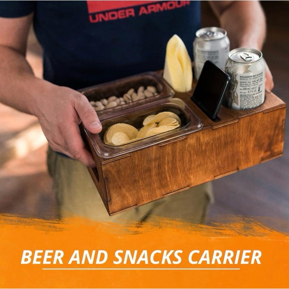 NEW Beer and Snacks Carrier, Stain Resistant Teak Wood, Gift Box Included